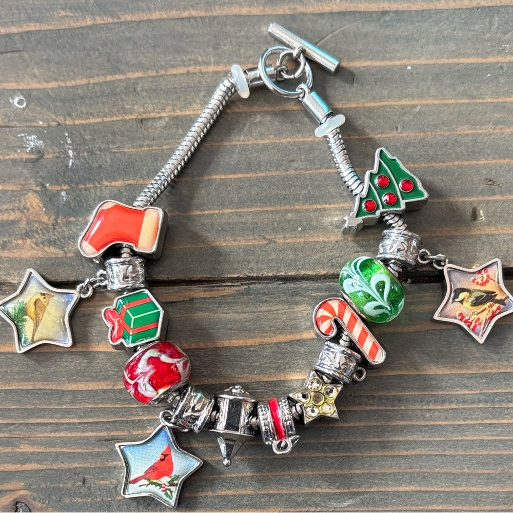 Winter Charm Bracelet with Red, Green & Silver Accents